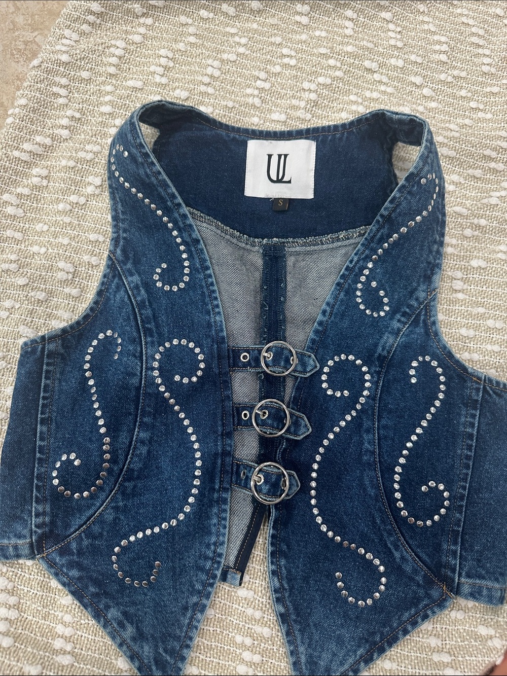 Embellished Dark Blue Denim Vest with Triple Buckle Closure